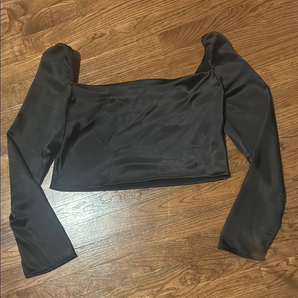 Princess Polly Black Satin Long Sleeve Crop Top